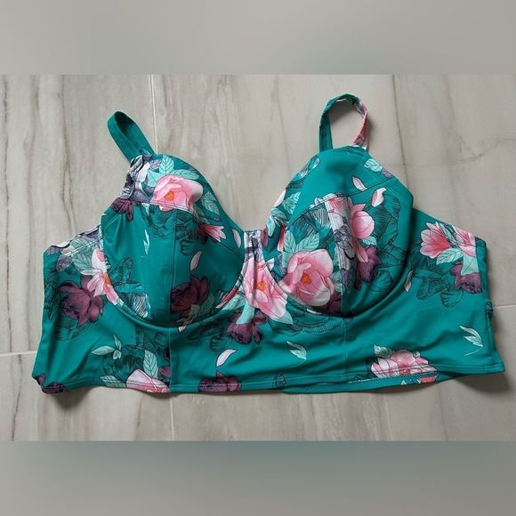 Torrid Aqua Floral Underwire Bikini Top Teal Green Size 5R Convertible Strap - Picture 6 of 8